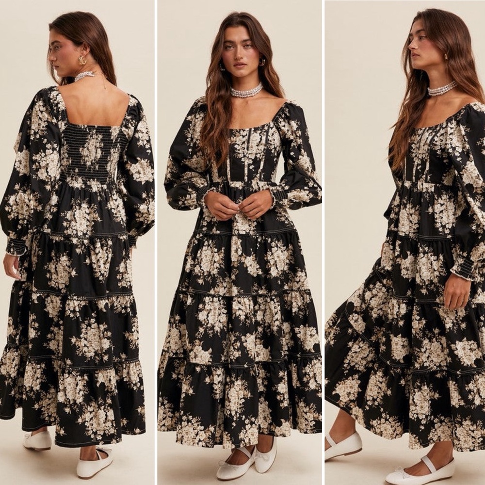 Listicle Black and White Floral Tiered Long-Sleeve sz M